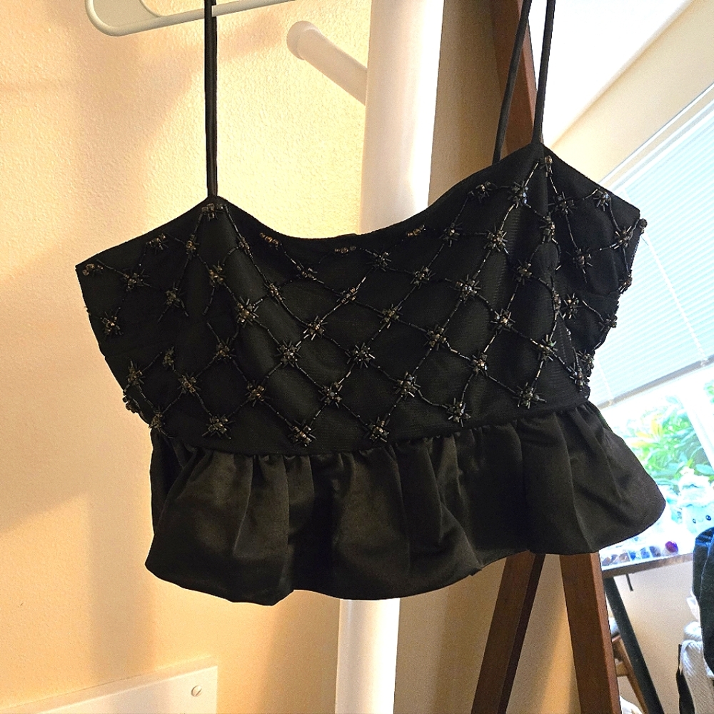 Anthropologie Black Beaded Embellished Crop Top